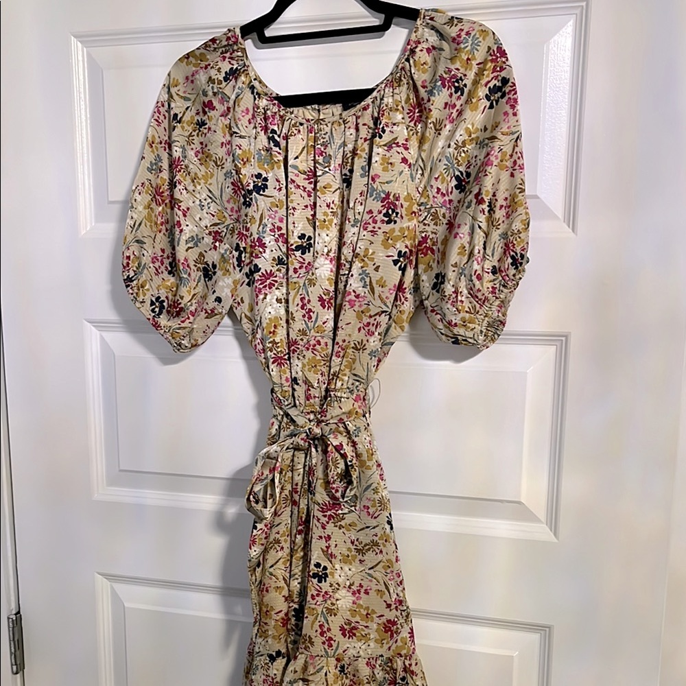 Ann Taylor Cream and Pink Floral Puff Sleeve Sundress with Elastic Tie Waist